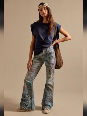 Free People We The Free West Coast Relaxed Flare Illusions & Cutwork Jeans 26